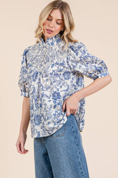 GeeGee Clothing - Nature Half Button-Up Blouse, MT51612: Cream/Blue / M