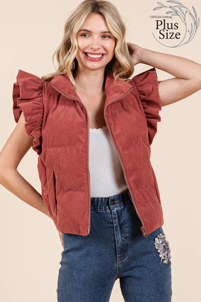 GeeGee Clothing - Plus Corduroy Ruffled Sleeve Puffer Vest, MJ50697PL: Cream / 1XL