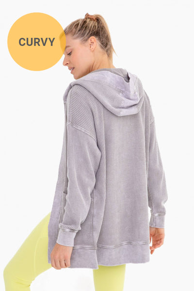 Mono B - CURVY Waffle Knit Mineral-Washed Cardigan: BLACK / 1XL:2XL:3XL (2:2:2)