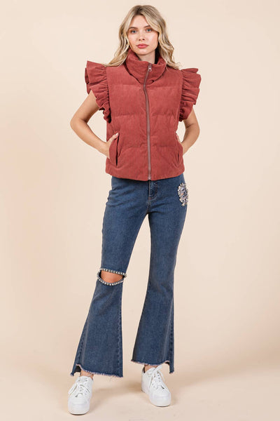 GeeGee Clothing - Corduroy Ruffled Sleeve Puffer Vest, MJ50697: Cream / M