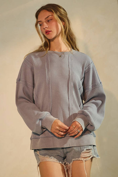 Oddi - Acid Washed Thermal Textured Pullover: Washed Blue / S