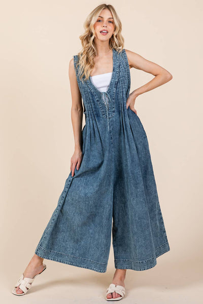GeeGee Clothing - Plus Denim Pleated Jumpsuit, OR51131PL: Denim / 3XL