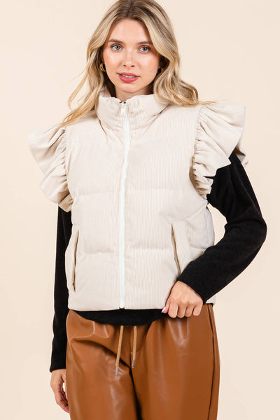 GeeGee Clothing - Corduroy Ruffled Sleeve Puffer Vest, MJ50697: Cream / L