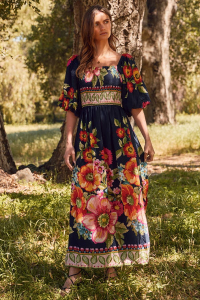 Oddi - Giant Floral Border Printed Maxi Dress: Navy Multi / S
