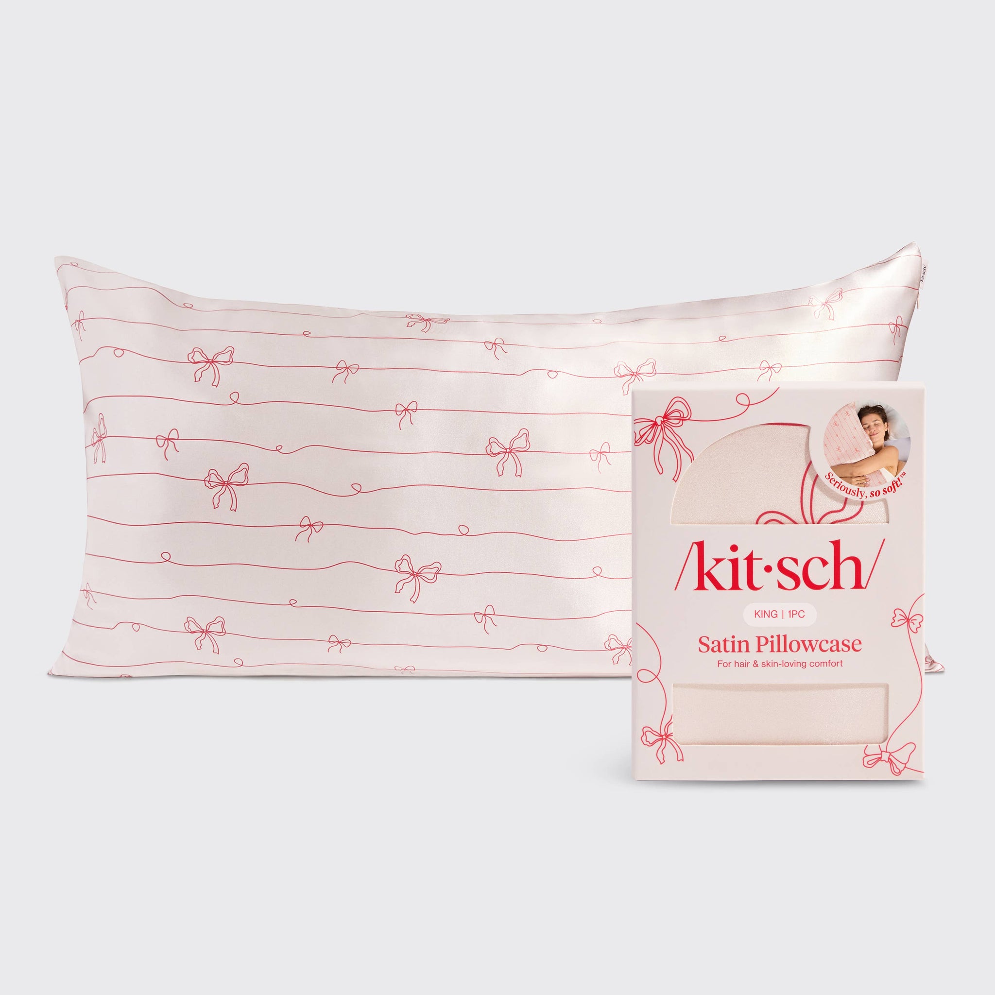 KITSCH - Satin Pillowcase in Striped Bows - King