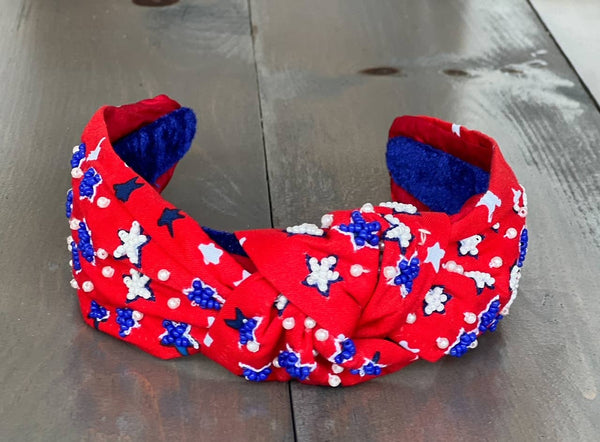 OBX Prep - Patriotic Red Seed Beaded Star Top Knot Headband 4th of July