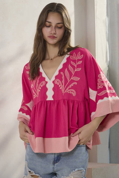 Oddi - Plus Embroidered Plunge V Neck Top: Pink Combo / XL