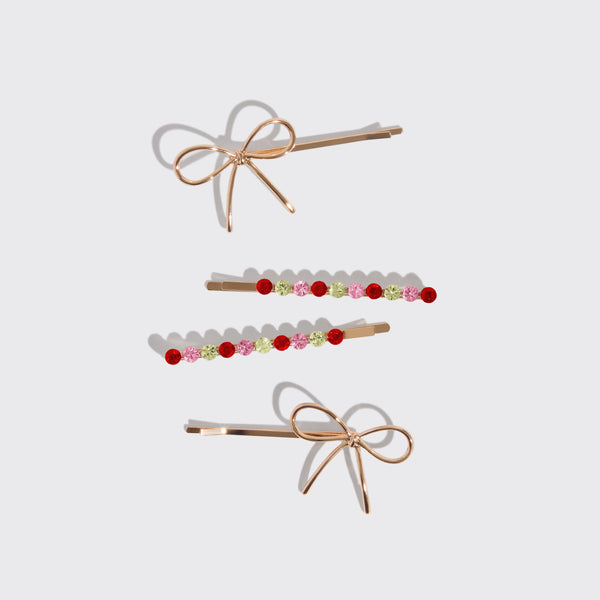 KITSCH - Holiday Gemstone and Bow Bobby Pins 4pc Set