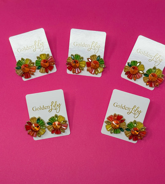 Golden Lily - Fall Rhinestone Burst Stud Earrings - Yellow, Orange, Green