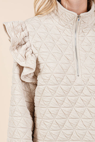 GeeGee Clothing - Quilted Half-Zip Pullover Top, MT50766: Cream / M