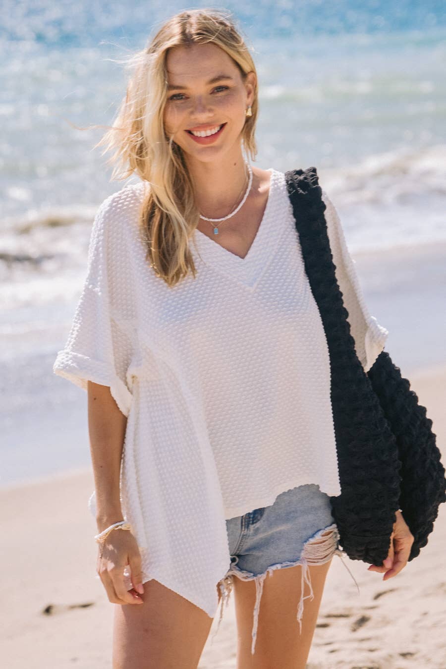 Oddi - Dotted Jacquard Knit Short Sleeve Top: White / L