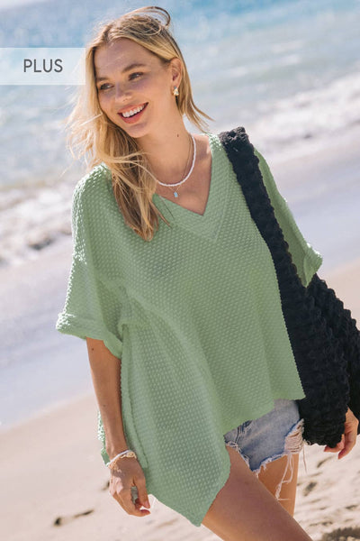 Oddi - Plus Dotted Jacquard Knit Short Sleeve Top: White / 3XL