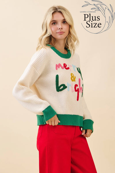 GeeGee x Lovelo - Plus 'Merry & Bright' Knit Sweater CT52384PL: Cream/Green / 3XL