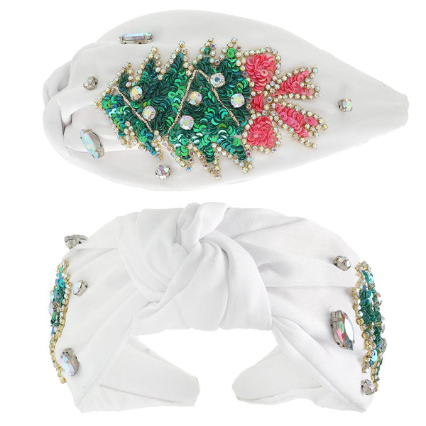 Sophia Collection - Christmas Tree Jeweled Top Knotted Headband : White