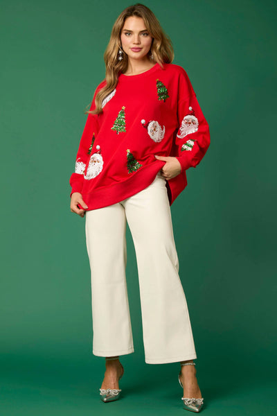 Fantastic Fawn - Santa & Xmas Tree Sequin Pull Over - Preorders: RED / S