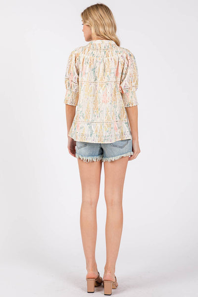 GeeGee Clothing - Plus Natural Eyelet Lace Short Sleeve Blouse, OT50981PL: Yellow Multi / 2XL