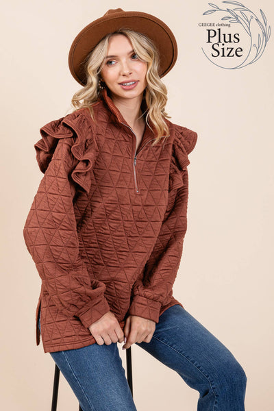 GeeGee Clothing - Plus Quilted Half-Zip Pullover Top, MT50766PL: Cream / 3XL