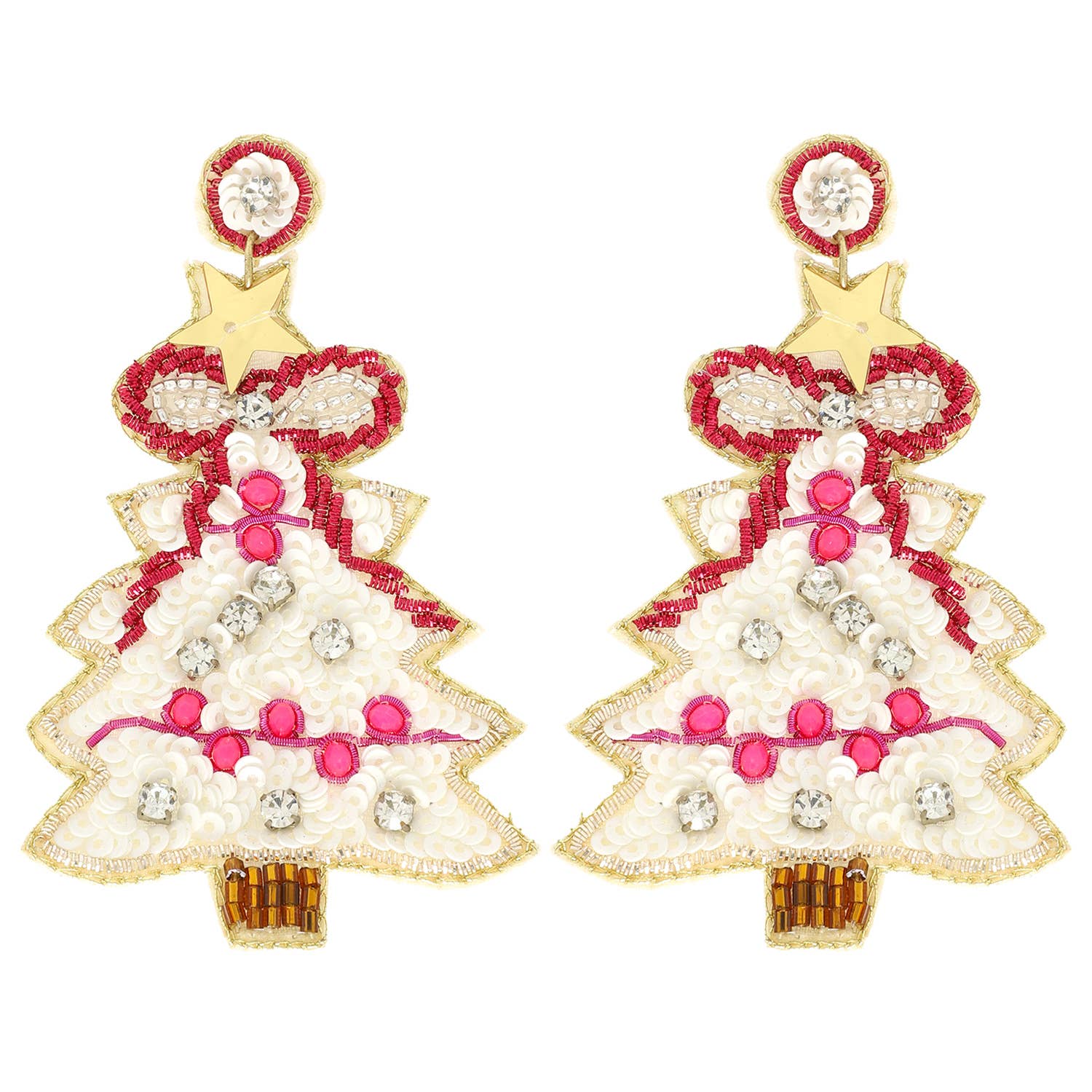 Sophia Collection - Christmas Tree Sequins Embroidered Earrings : White