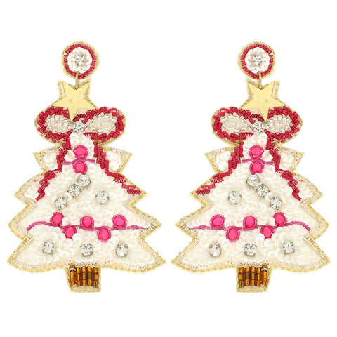 Sophia Collection - Christmas Tree Sequins Embroidered Earrings : White