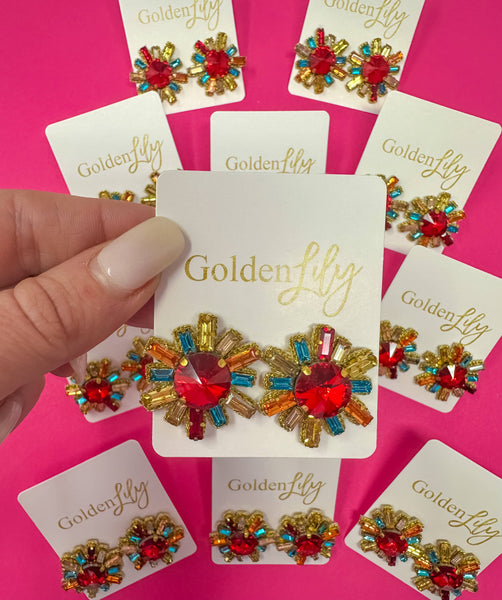 Golden Lily - Fall Rhinestone Burst Stud Earrings - Multi