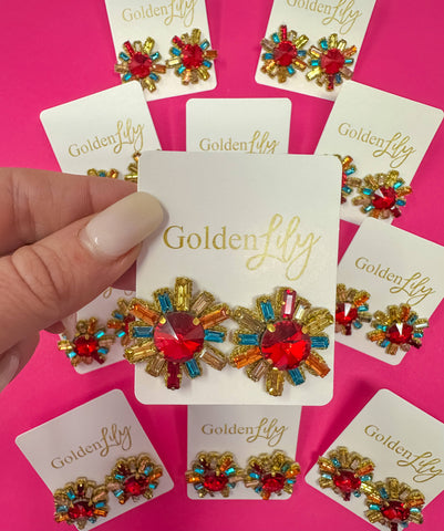 Golden Lily - Fall Rhinestone Burst Stud Earrings - Multi