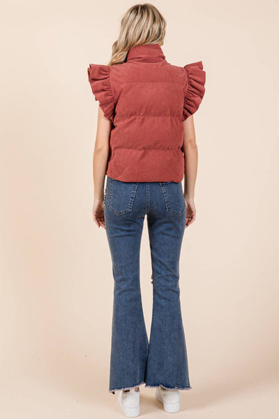 GeeGee Clothing - Plus Corduroy Ruffled Sleeve Puffer Vest, MJ50697PL: Cream / 3XL