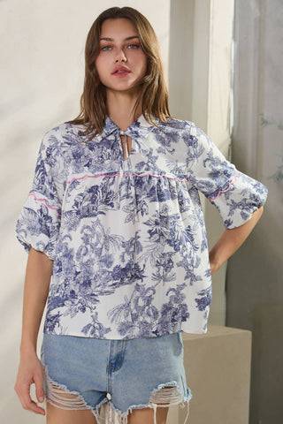 Oddi - Toi De Paris Printed Blouse: Blue Multi / L