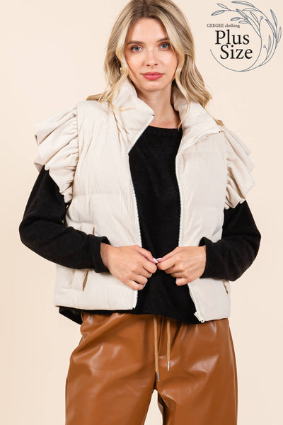 GeeGee Clothing - Plus Corduroy Ruffled Sleeve Puffer Vest, MJ50697PL: Cream / 2XL