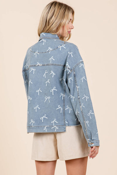 GeeGee Clothing - Plus Ribbon Print Denim Jacket, OJ50833PL: Denim / 3XL