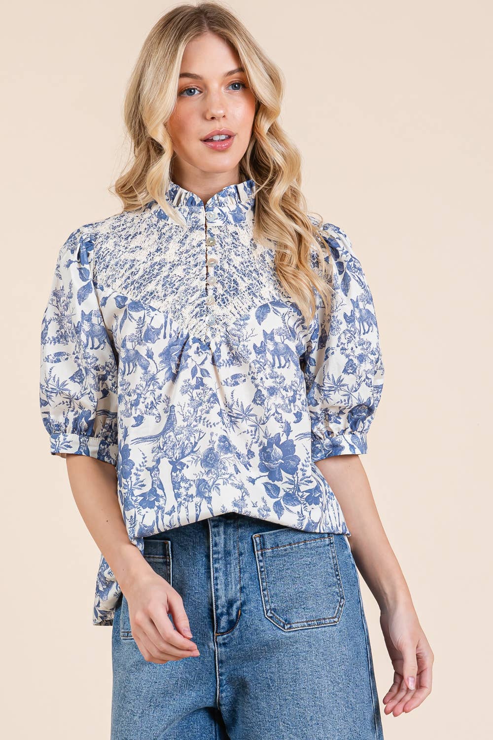 GeeGee Clothing - Nature Half Button-Up Blouse, MT51612: Cream/Blue / S