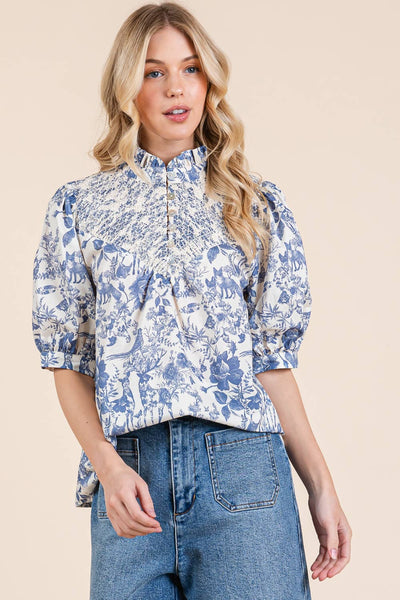 GeeGee Clothing - Nature Half Button-Up Blouse, MT51612: Cream/Blue / S