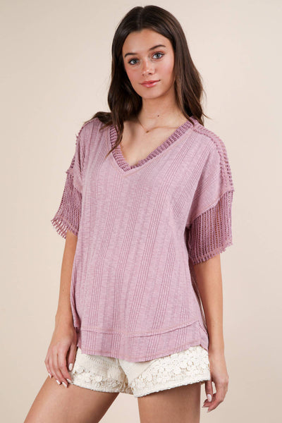 VERY J - NT12088-Oversized Contrast Knit Comfy Casual Top: IVORY / S-M-L/2-2-2