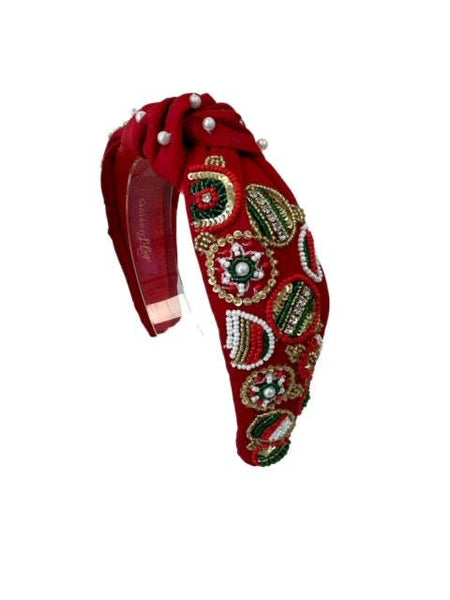 Golden Lily - Christmas Headband Knot - Red Ornament