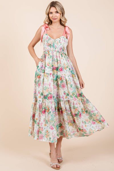 GeeGee Clothing - Floral Eyelet Midi Sundress, MD50542: Ivory Multi / M