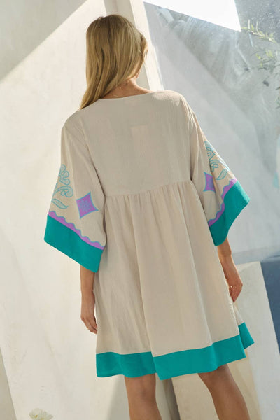 Oddi - Plus Embroidered Plunge V Neck Mini Dress: Olive Combo / XL