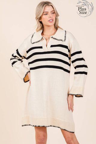 GeeGee Clothing - Plus Stripe Knit Sweater Mini Dress, OD51022PL: Cream / 2XL