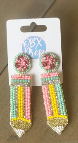 OBX Prep - Pencil Teacher Back to School Seed Beaded Drop Earrings: Pastel
