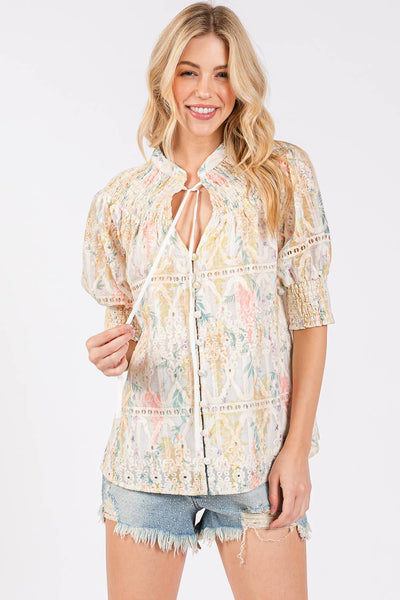 GeeGee Clothing - Plus Natural Eyelet Lace Short Sleeve Blouse, OT50981PL: Yellow Multi / 2XL