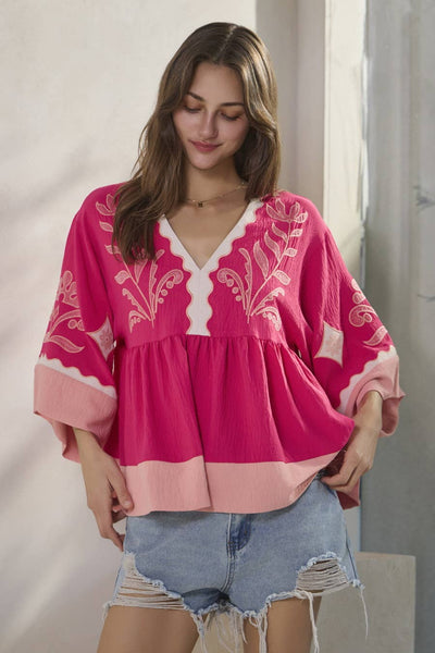 Oddi - Embroidered Plunge V Neck Top: Pink Combo / L