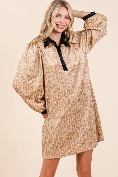 GeeGee Clothing - Velvet Lace Textured Mini Dress, MD51030: Taupe / M