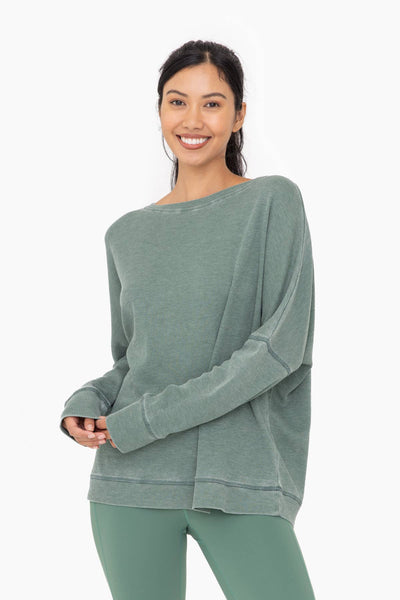 Mono B - Waffle Ribbed Roundneck Pullover: DARK BASIL / S:M:L (2:2:2)