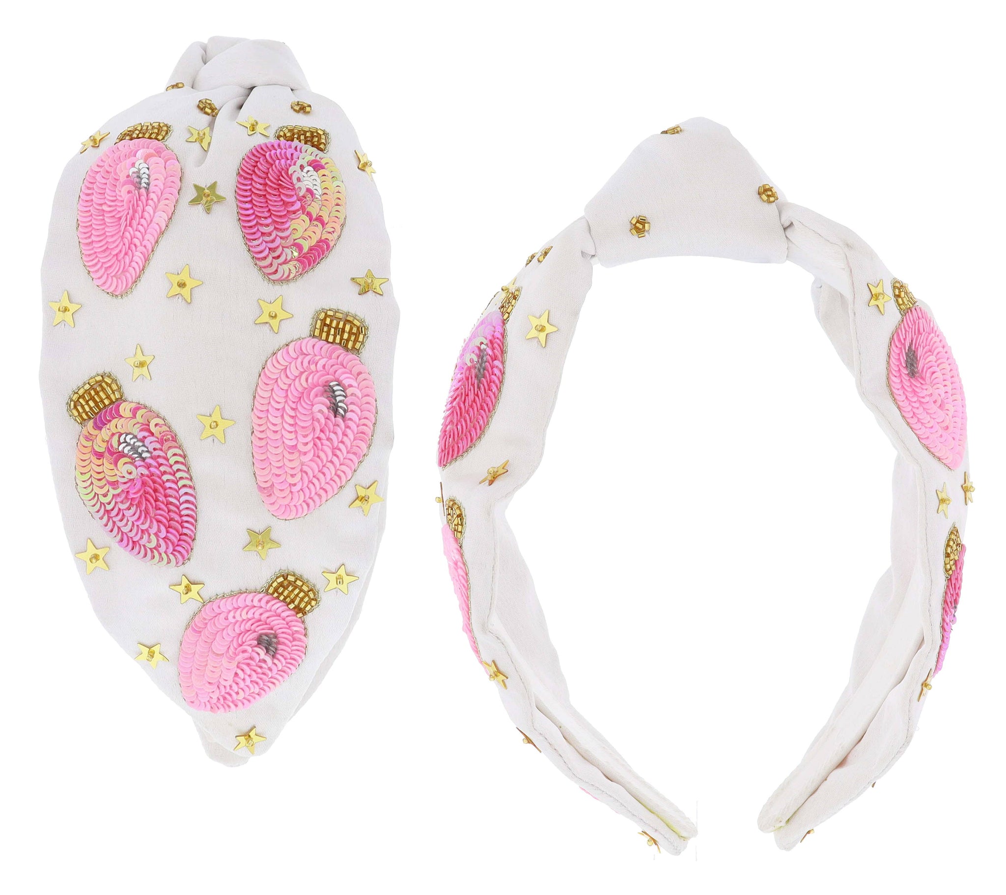 Jane Marie - Pink Christmas Lights & Gold Stars on Knotted White Headband