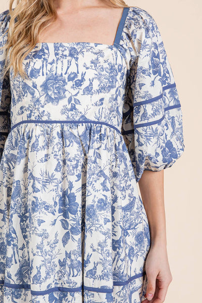 GeeGee Clothing - Floral Tiered Mini Dress, MD51614: Cream/Blue / L