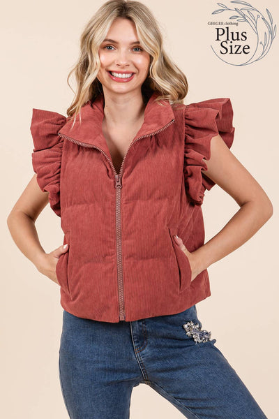 GeeGee Clothing - Plus Corduroy Ruffled Sleeve Puffer Vest, MJ50697PL: Cream / 2XL