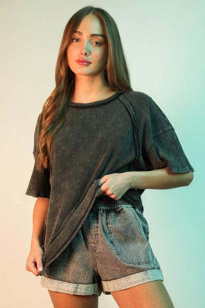 VERY J - NT12086-Mineral Washed Oversized Ribbed Knit Casual Top: DENIM / S-M-L/2-2-2