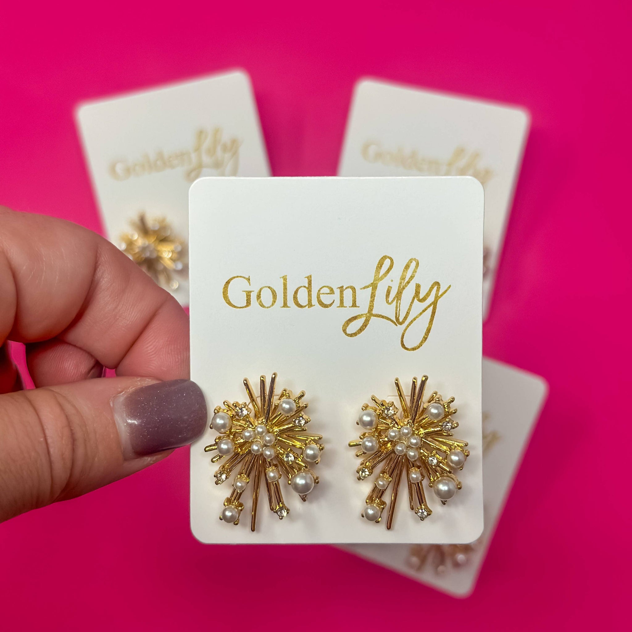 Golden Lily - Burst Stud Earrings- Rhinestone and Pearl