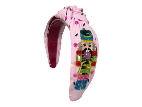 Golden Lily - Christmas Headband Knot - Pink Beaded Nutcracker