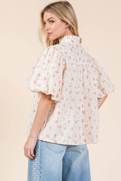 GeeGee Clothing - Plus Floral Eyelet Lace Button Up Blouse, MT51253PL: Cream/Coral / 3XL