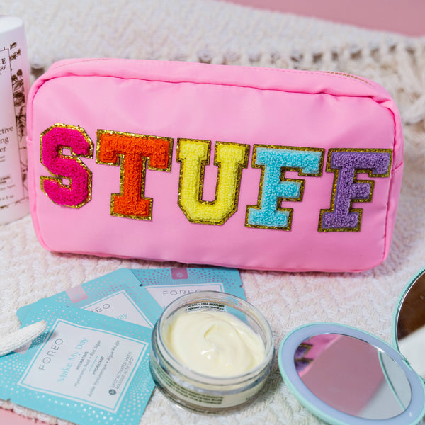 Natalia - Preppy Nylon Chenille Letter Travel Makeup Pouch - STUFF