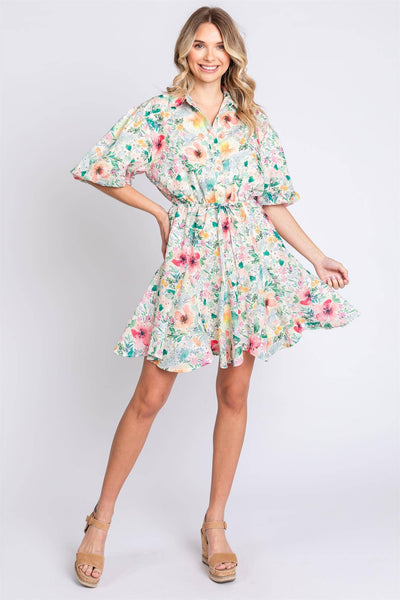 GeeGee Clothing - Plus Floral Button Up Eyelet Dress: MD50561PL: Pink/Green / 2XL
